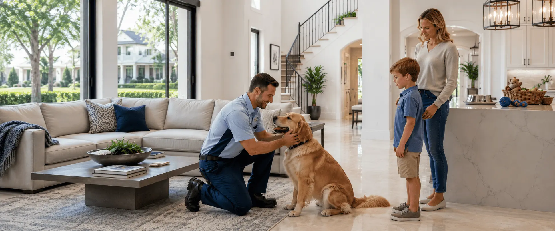 Pest control technician safely interacting with a family dog inside a modern home while a mother and child observe during a family- and pet-safe pest control service in Bryan-College Station
